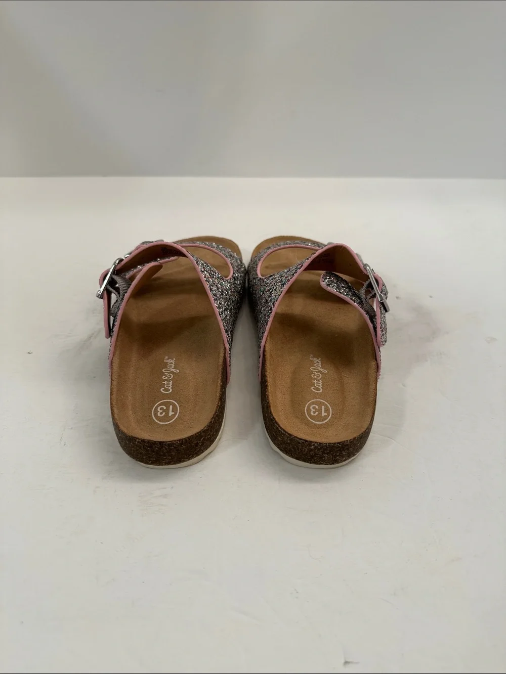 Cat & Jack Girls Glitter Double Buckle Sandals Pink Trim Size 13